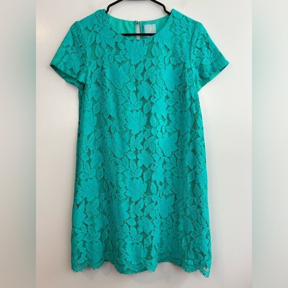 CeCe Teal Blue Lace Short Sleeve Shift Mini Dress Size 8 - Picture 1 of 10